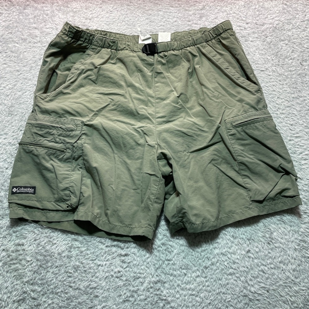 Columbia Mens Nylon Cargo Shorts Green Elastic Belted Hiking Outdoor Size M